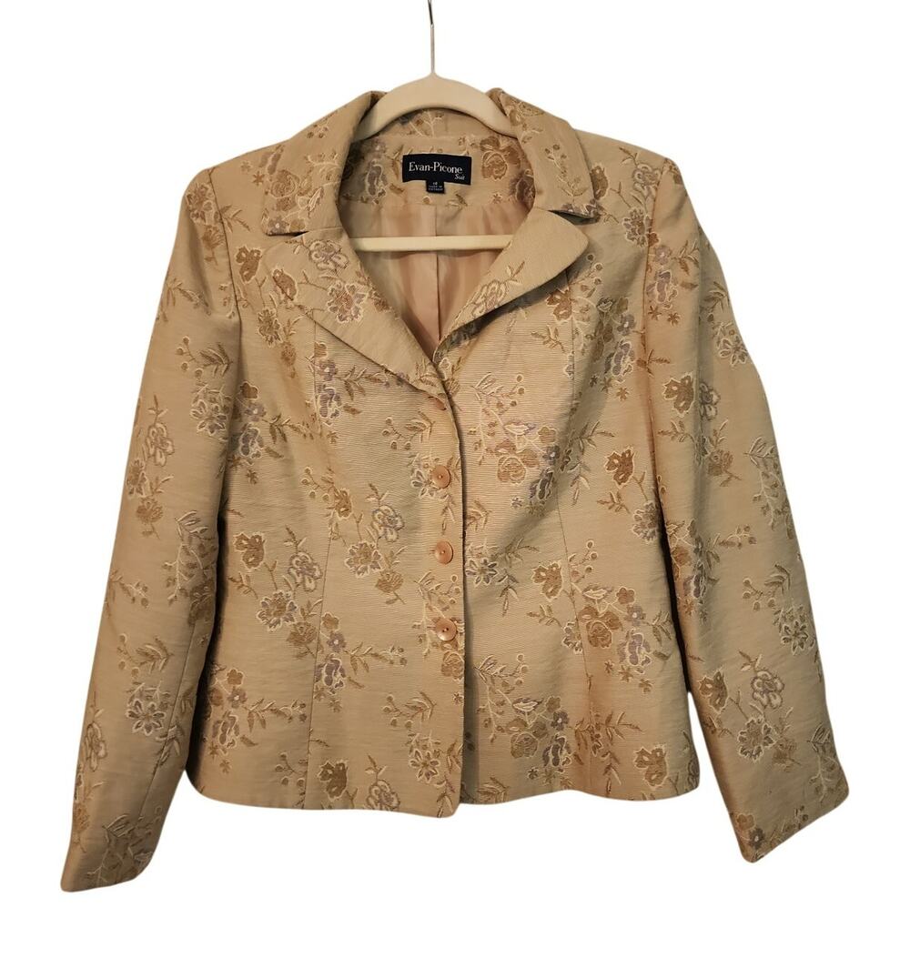 Evan Picone Floral Jacquard Blazer Jacket Women’s 10 Tan Gold Lined Career